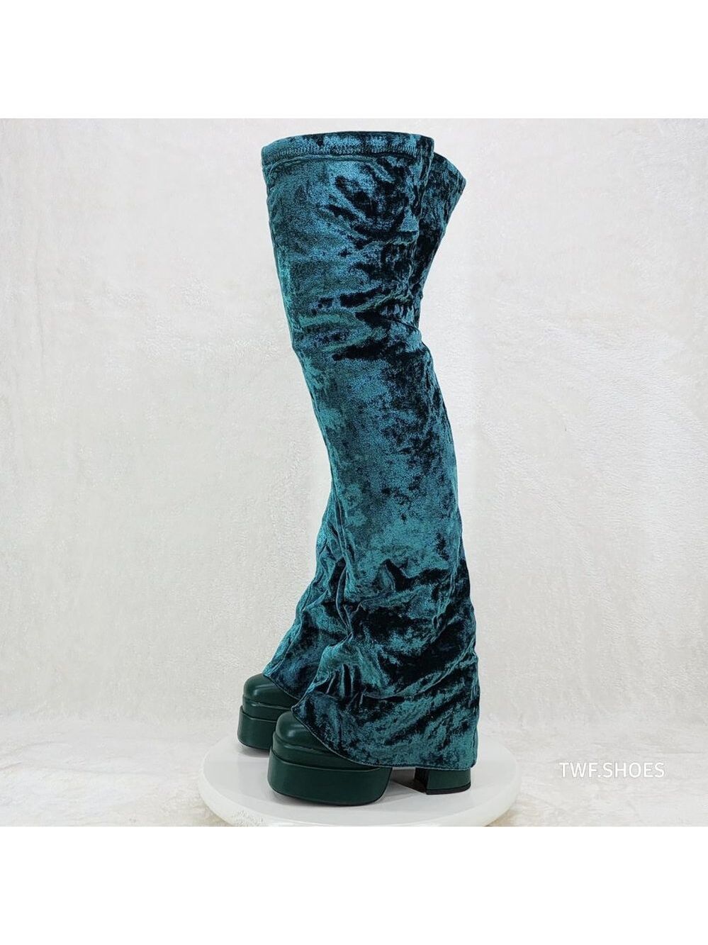 Good Will Unique Thigh High Emerald Velvet Fold over Chunky Heel Platform Boots - Picture 13 of 15